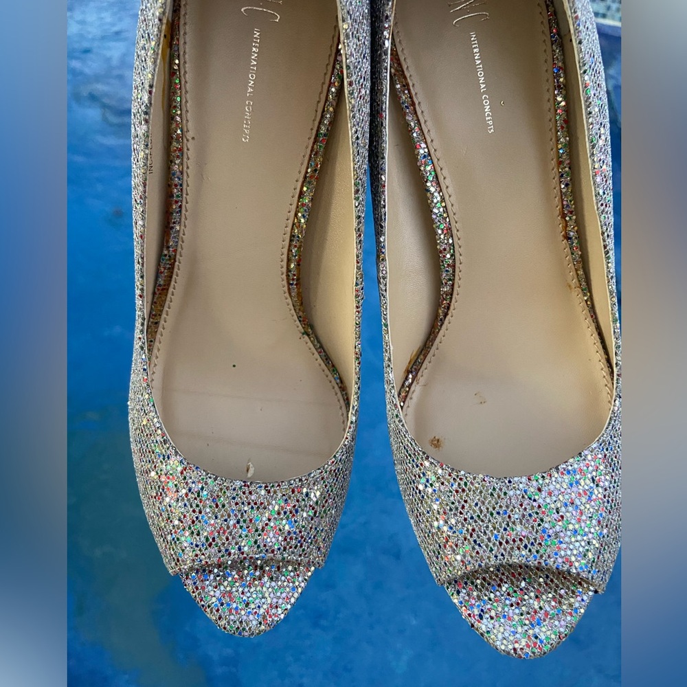 SILVER GLITTERY OPEN TOE PLATFORM PUMPS HEELS — MULTICOLOR GLITTER  —   7.5   8
